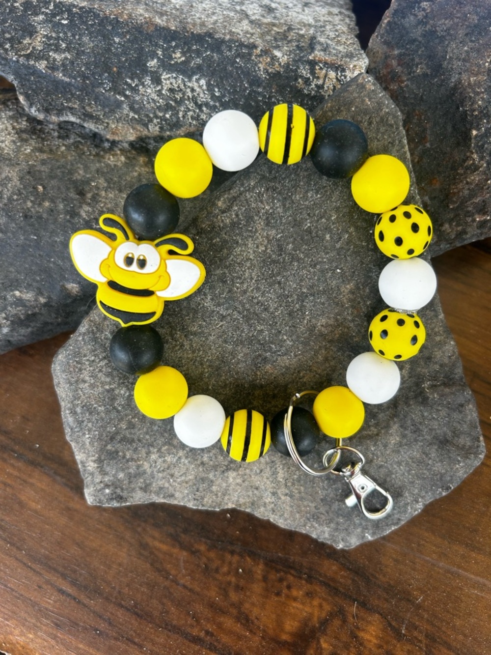 Bee Charm Stretch Bracelet Keyring - Yellow, Black & White